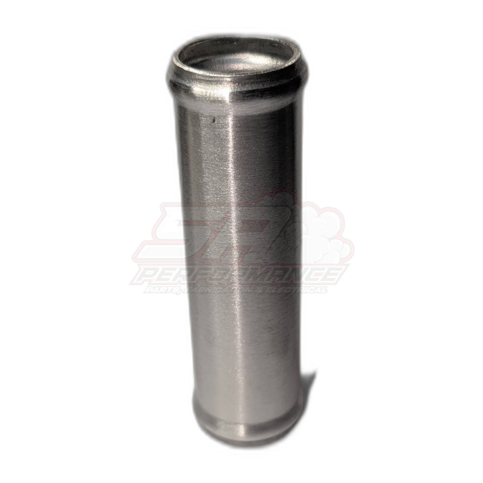 Polished aluminium 28mm straight hose joiner front view showing cylindrical body with beaded ends and brushed metal finish