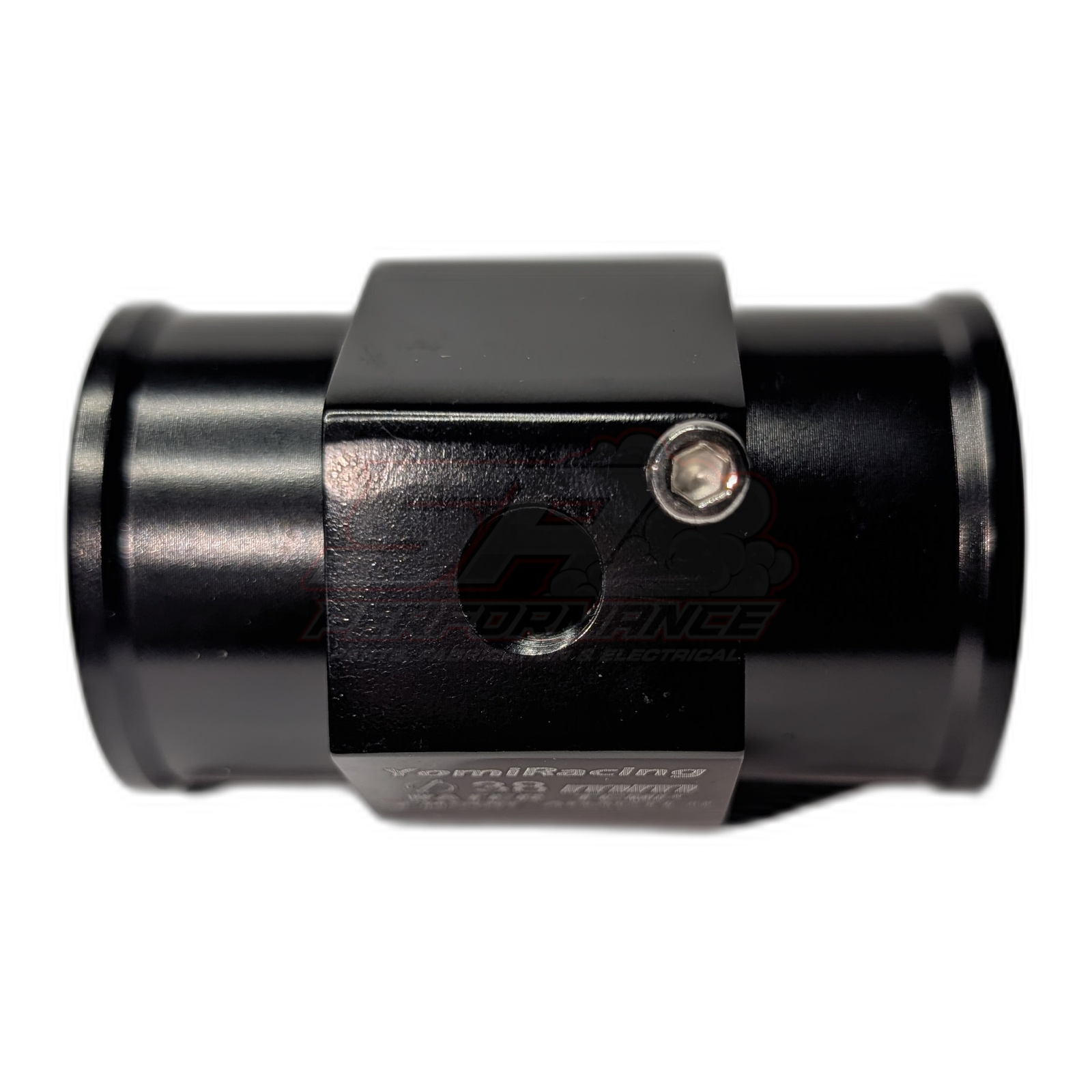 Black anodised aluminium 38mm coolant hose adapter with 1/8 NPT sensor port and hex grub screw, side view showing barbed hose ends