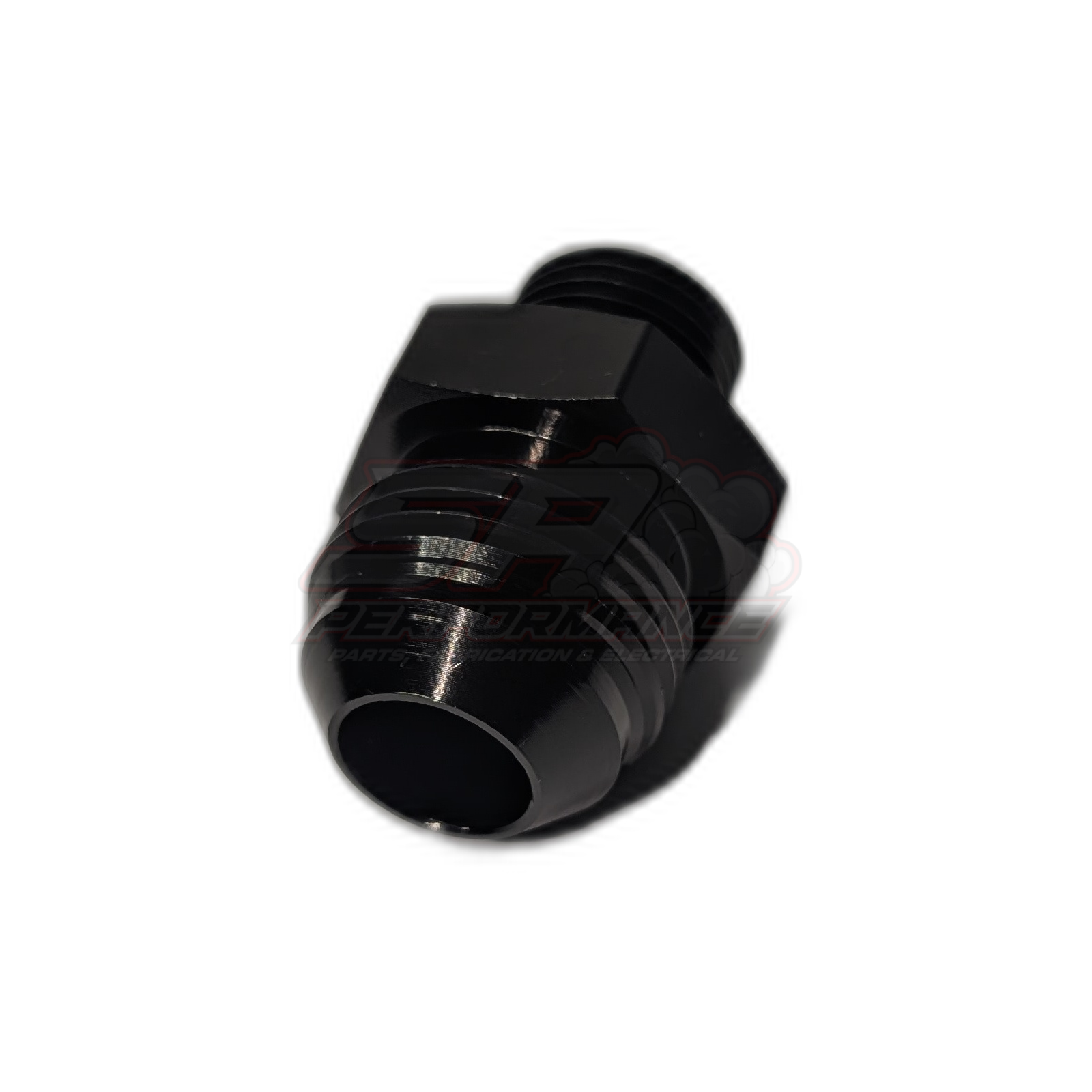 Black anodised aluminium M18 x 1.5 metric male to AN10 male flare adapter viewed at angle showing hex body and threaded metric end with visible male flare opening
