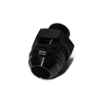 Black anodised aluminium M18 x 1.5 metric male to AN10 male flare adapter viewed at angle showing hex body and threaded metric end with visible male flare opening