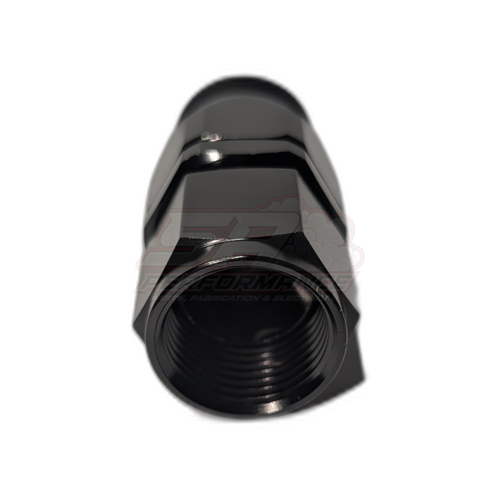 Black anodised aluminium AN8 straight PTFE hose end fitting front angle view showing hexagonal body and female threaded bore with internal olive insert
