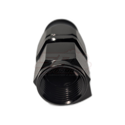 Black anodised aluminium AN8 straight PTFE hose end fitting front angle view showing hexagonal body and female threaded bore with internal olive insert