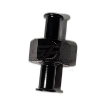 Black anodised T-shaped hose adapter 3/8 barb to 3/8 barb with 1/8 NPT sensor port, angled view showing inline barbs and threaded centre port