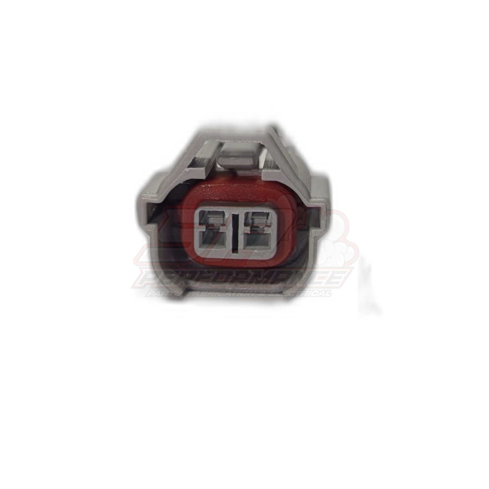 Front view of 2-pin Denso high guide injector connector showing grey housing with red seal and dual terminal slots
