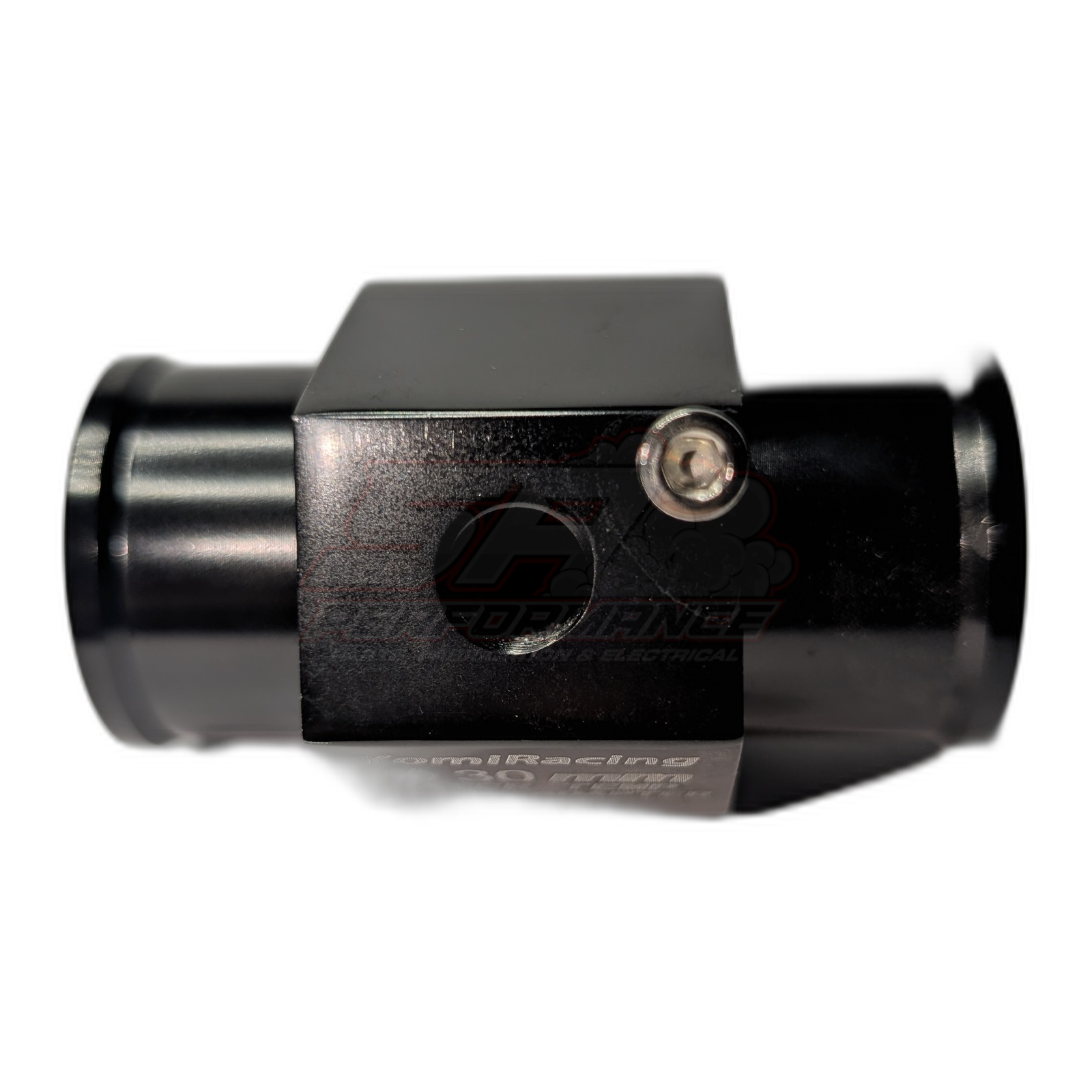 Black anodised aluminium 30mm coolant hose adapter side view showing inline barbs and 1/8 NPT sensor port with hex fitting