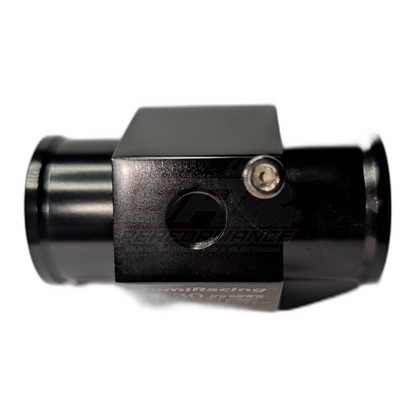 Black anodised aluminium 30mm coolant hose adapter side view showing inline barbs and 1/8 NPT sensor port with hex fitting