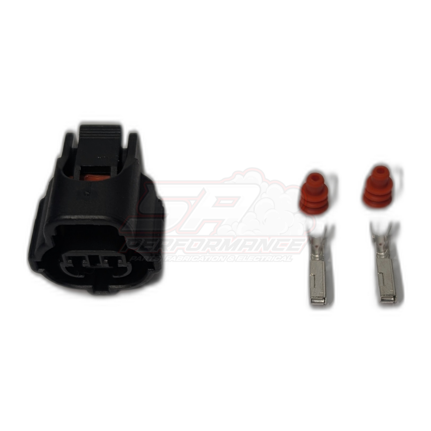 Toyota 2-pin IAT sensor connector kit showing black housing, two silver female terminals and red rubber seals laid out individually