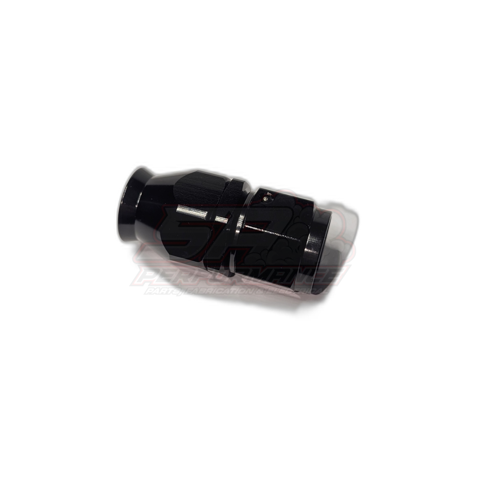 Black anodised aluminium AN10 straight PTFE hose end fitting side angle view showing hexagonal body and threaded nose