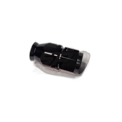 Black anodised aluminium AN10 straight PTFE hose end fitting side angle view showing hexagonal body and threaded nose