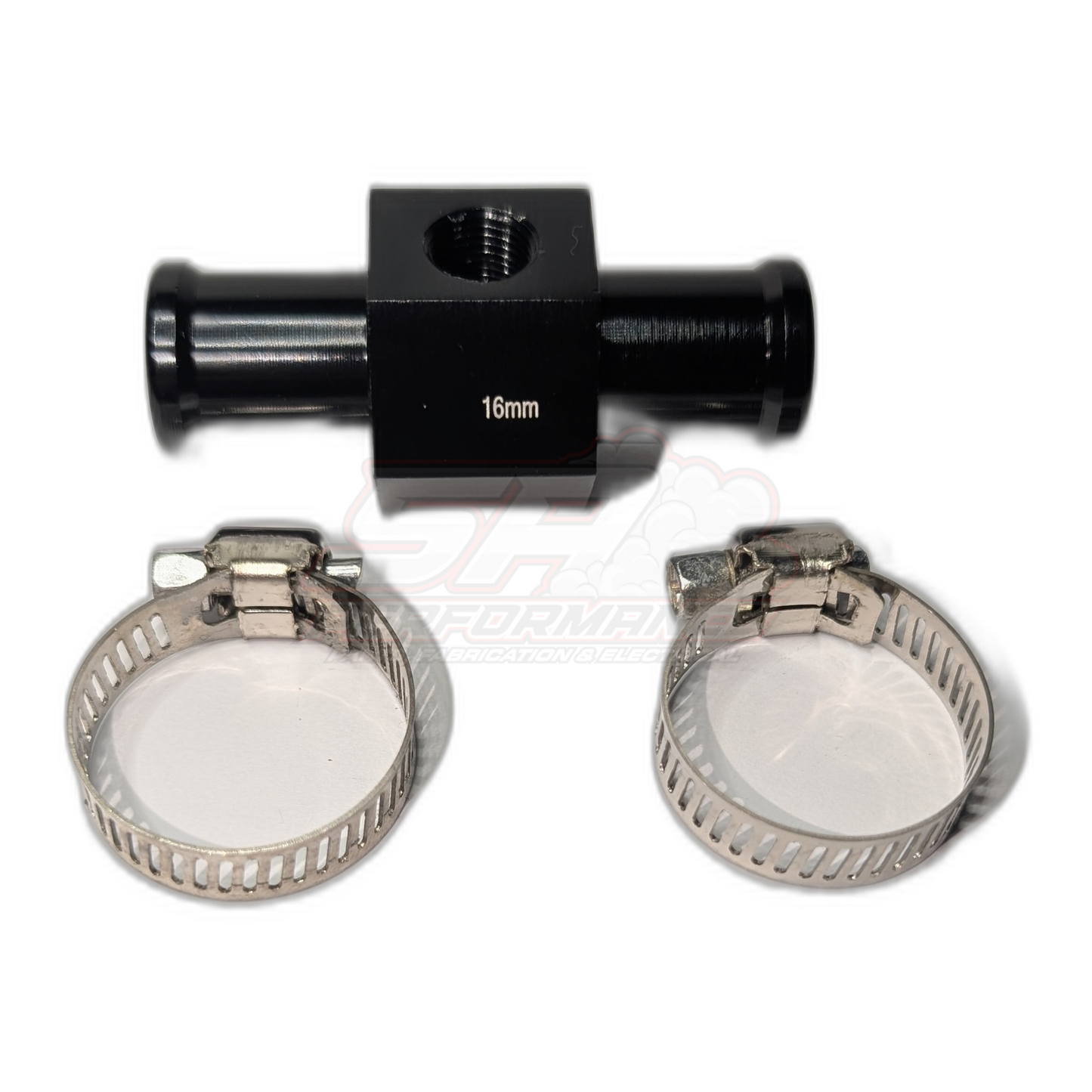 Black anodised aluminium 16mm coolant hose T-piece adapter with 1/8 NPT sensor port and two stainless steel hose clamps