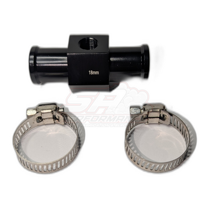 Black anodised aluminium 18mm coolant hose T-adapter with 1/8" NPT sensor port, shown with two stainless steel worm-drive hose clamps