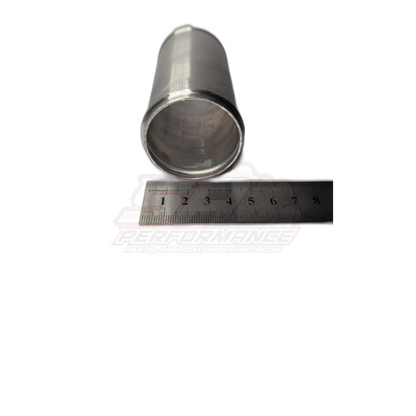 Polished aluminium 40mm straight hose joiner angled view showing hollow bore and beaded ends with ruler for scale reference