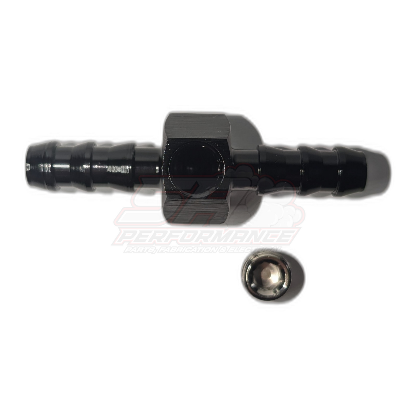 Black anodised inline 5/16 inch barb adapter with 1/8 NPT female port shown with detached stainless steel sealing ball, side view highlighting hexagonal body and ribbed barb ends