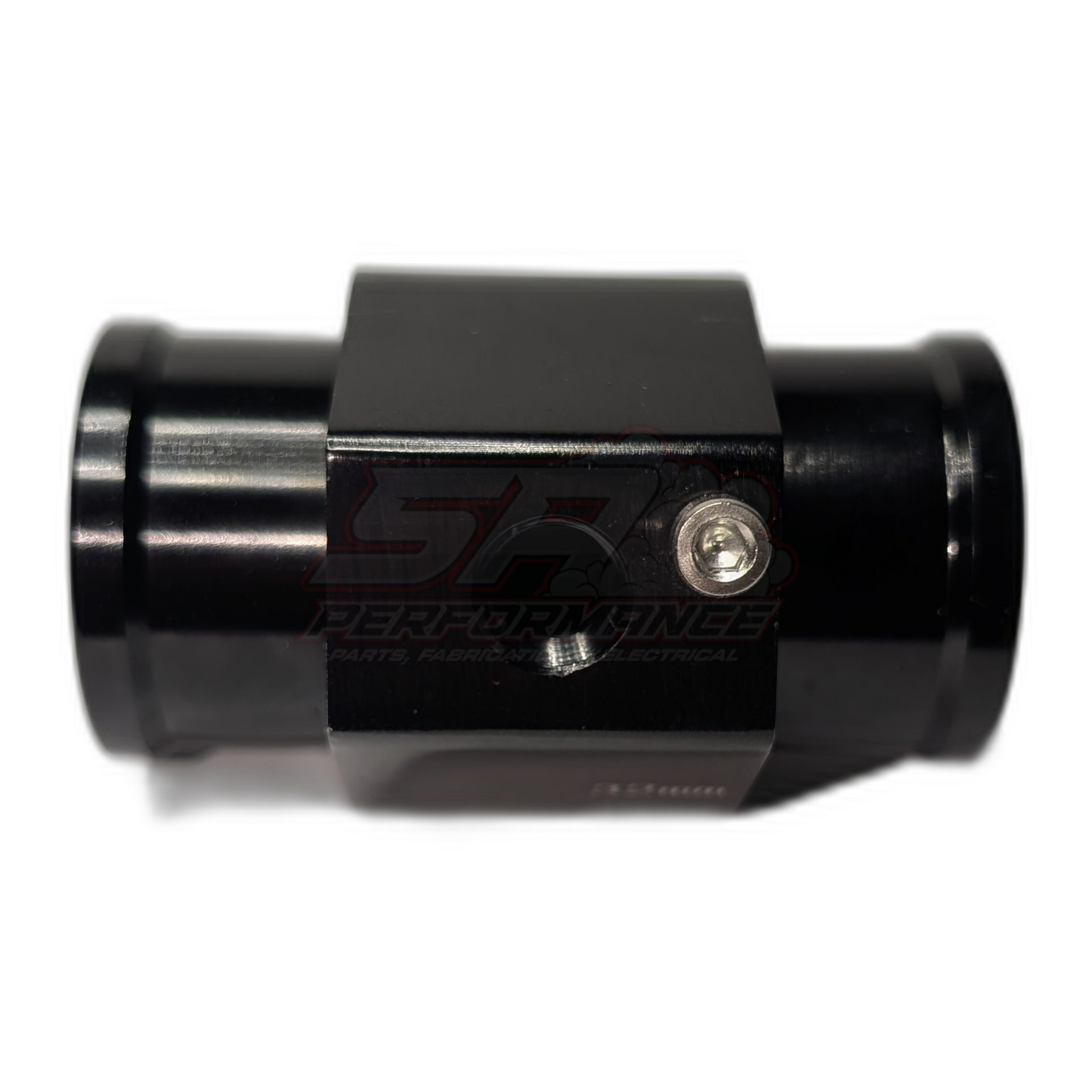 Black anodised aluminium 32mm coolant hose adapter with 1/8 NPT sensor port and hex socket, side view showing inlet and outlet barbs