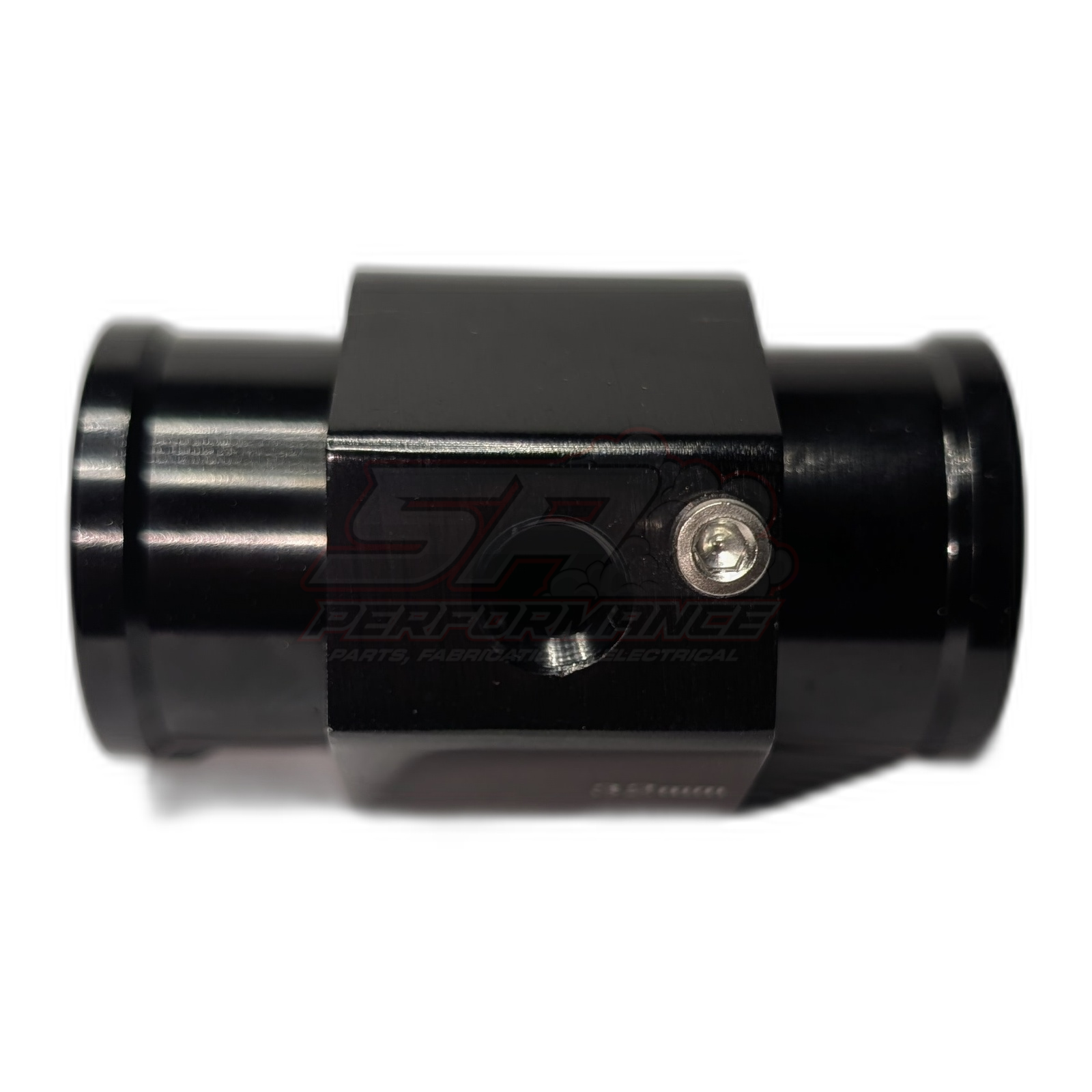 Black anodised aluminium 32mm coolant hose adapter with 1/8 NPT sensor port and hex socket, side view showing inlet and outlet barbs