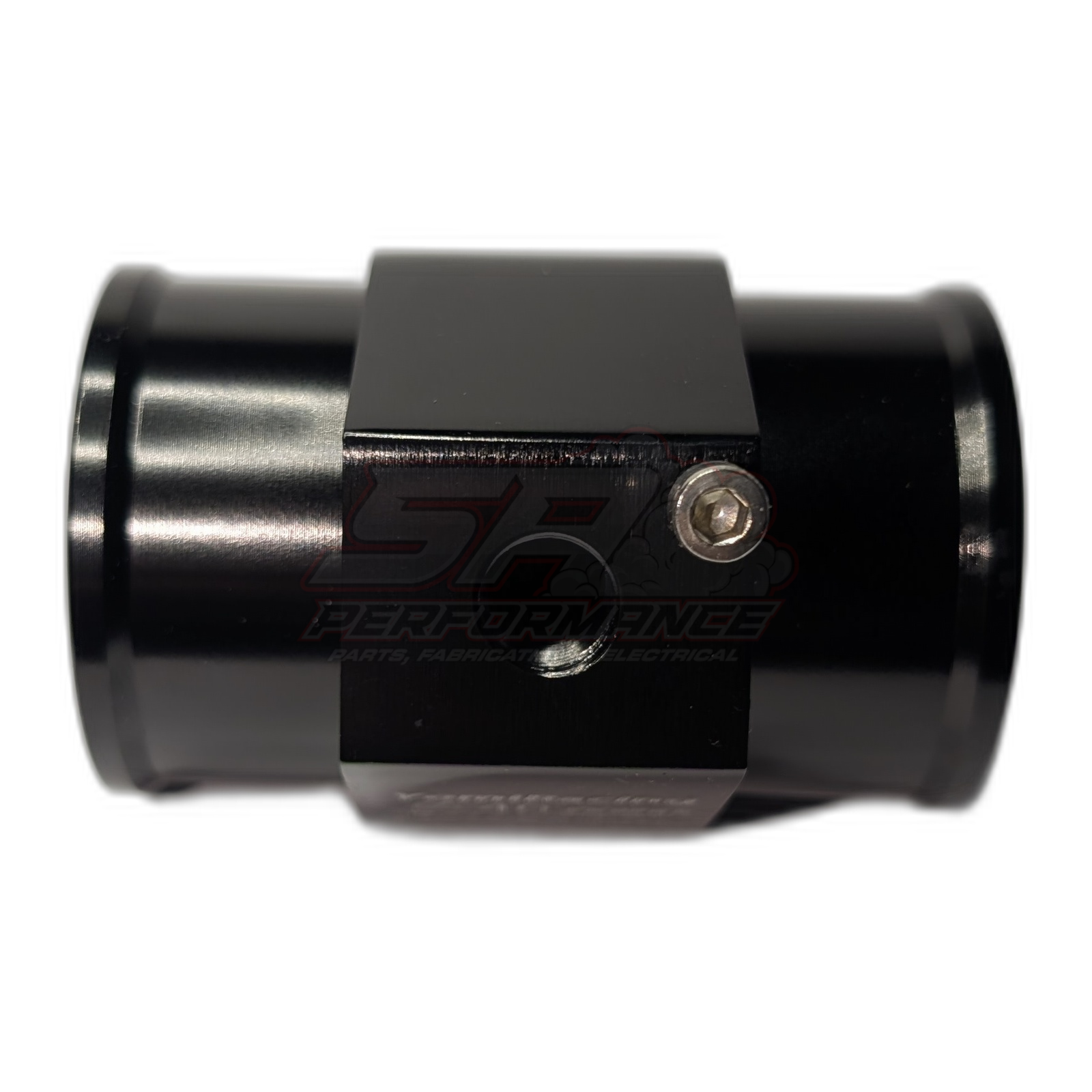 Black anodised aluminium 40mm coolant hose adapter with 1/8 NPT sensor port and mounting bolt, side view showing engraved SA Performance branding