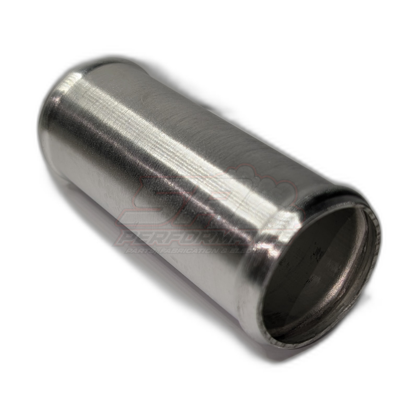 Polished aluminium 45mm straight hose joiner angled view showing beaded ends and brushed metal finish