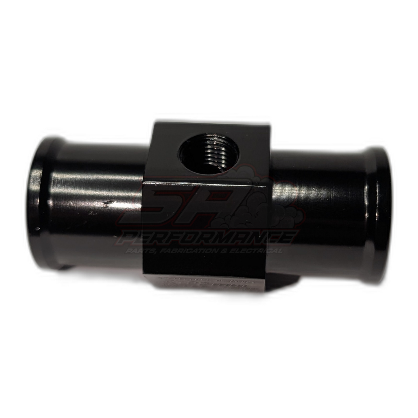 Black anodised aluminium 22mm coolant hose adapter with 1/8 inch NPT top port, side view showing barbed ends and machined threads
