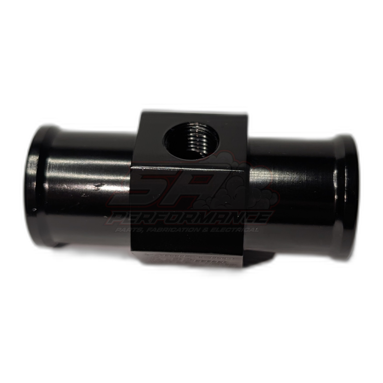 Black anodised aluminium 22mm coolant hose adapter with 1/8 inch NPT top port, side view showing barbed ends and machined threads