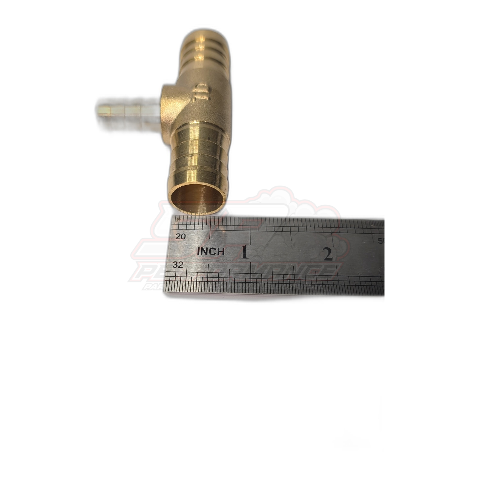Brass 3-way T-piece hose joiner with ruler showing size, featuring two 3/4 inch barbed outlets and one 1/2 inch reducing branch with ribbed hose tails