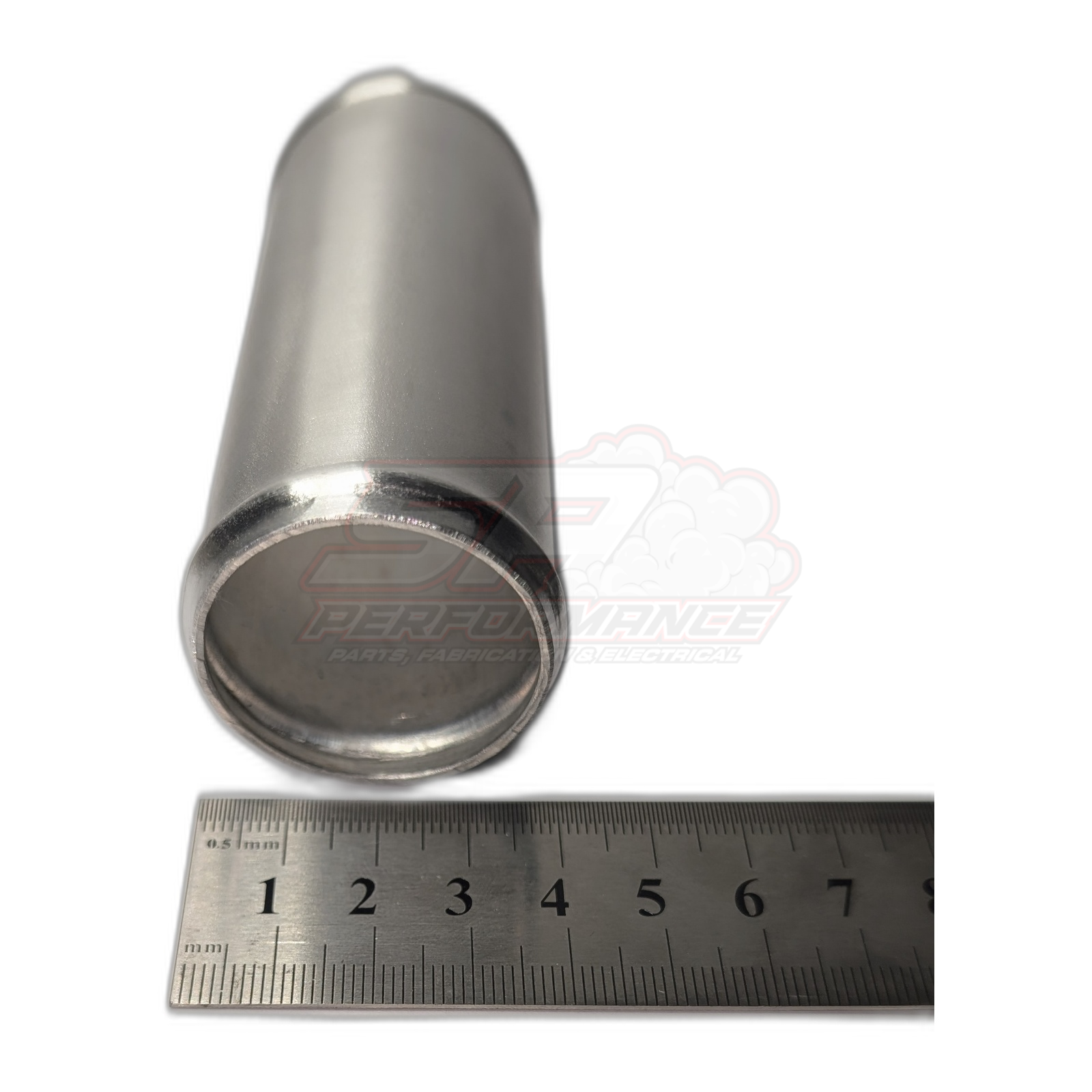 Polished aluminium 38mm straight hose joiner angled view showing beaded end and cylindrical body with ruler for scale reference