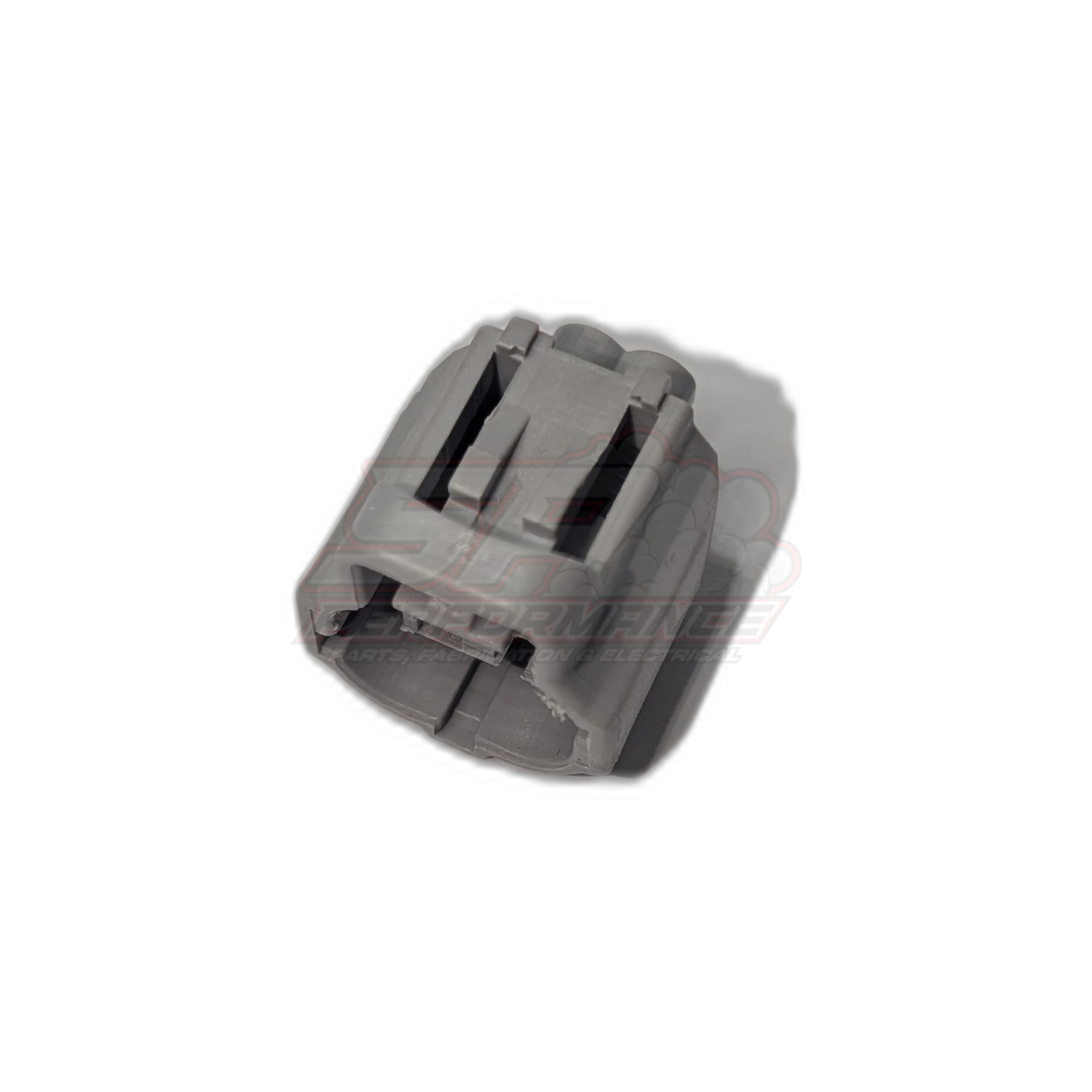 Grey Toyota 2-pin ECT connector housing angled view showing internal terminal slots and locking tabs
