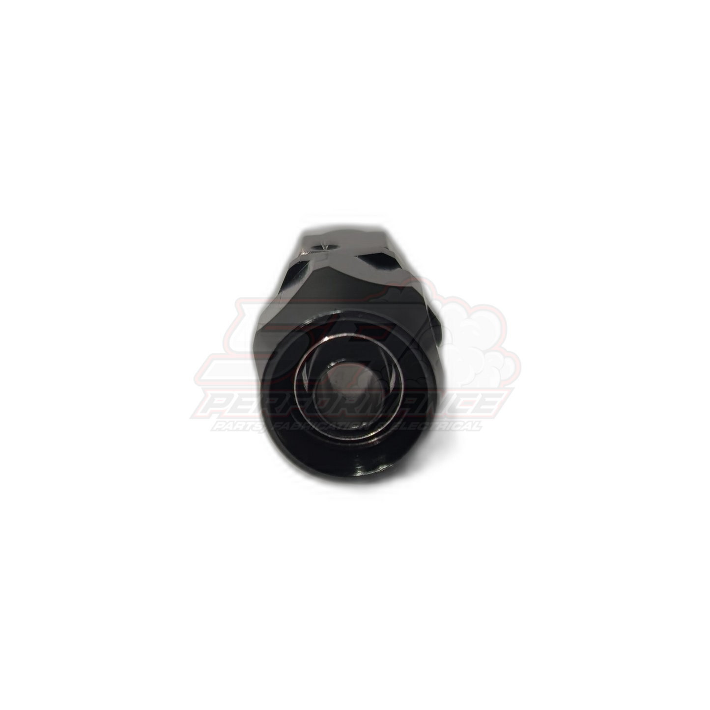 Black anodised aluminium AN6 straight PTFE hose end fitting front view showing hexagonal body and internal olive seal
