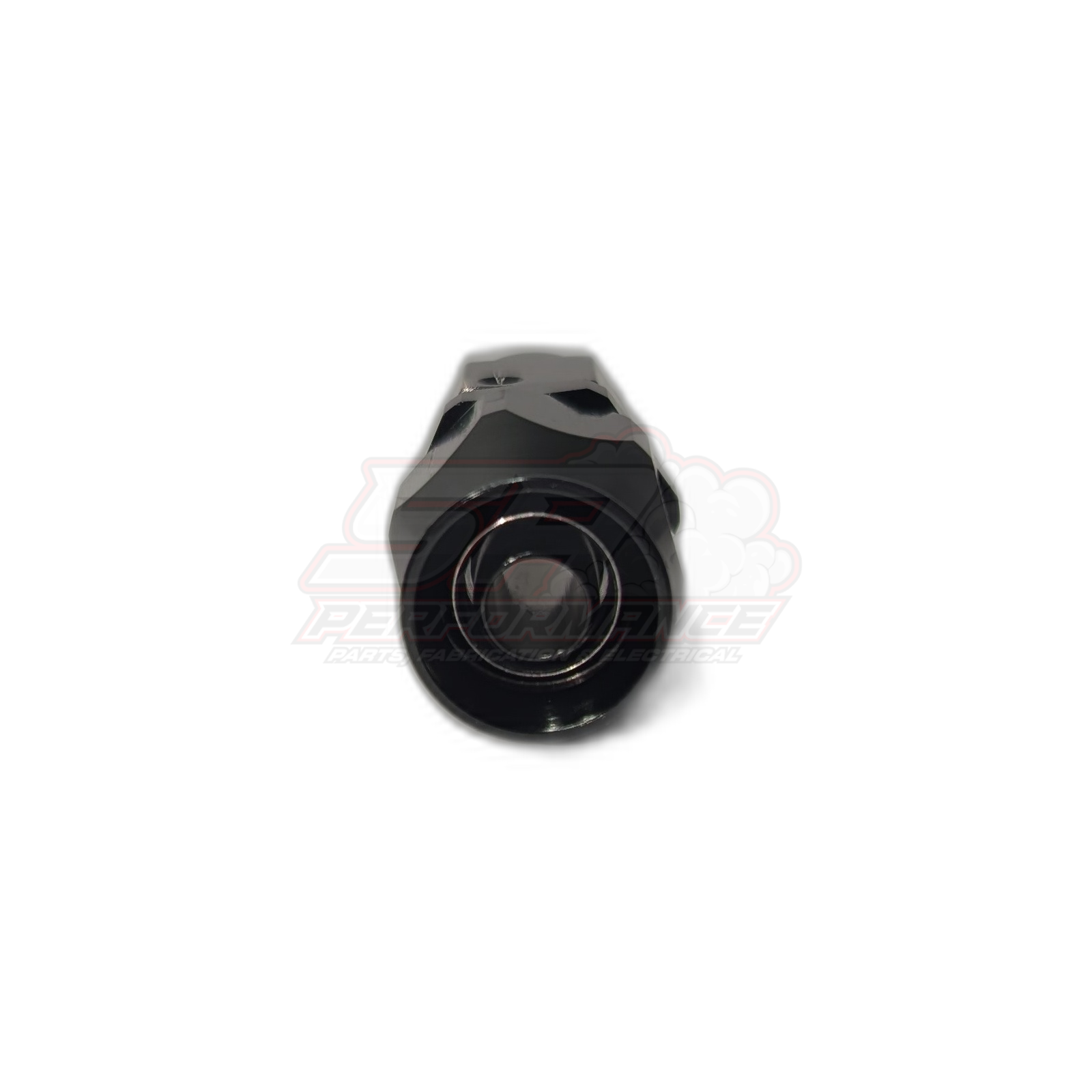 Black anodised aluminium AN6 straight PTFE hose end fitting front view showing hexagonal body and internal olive seal