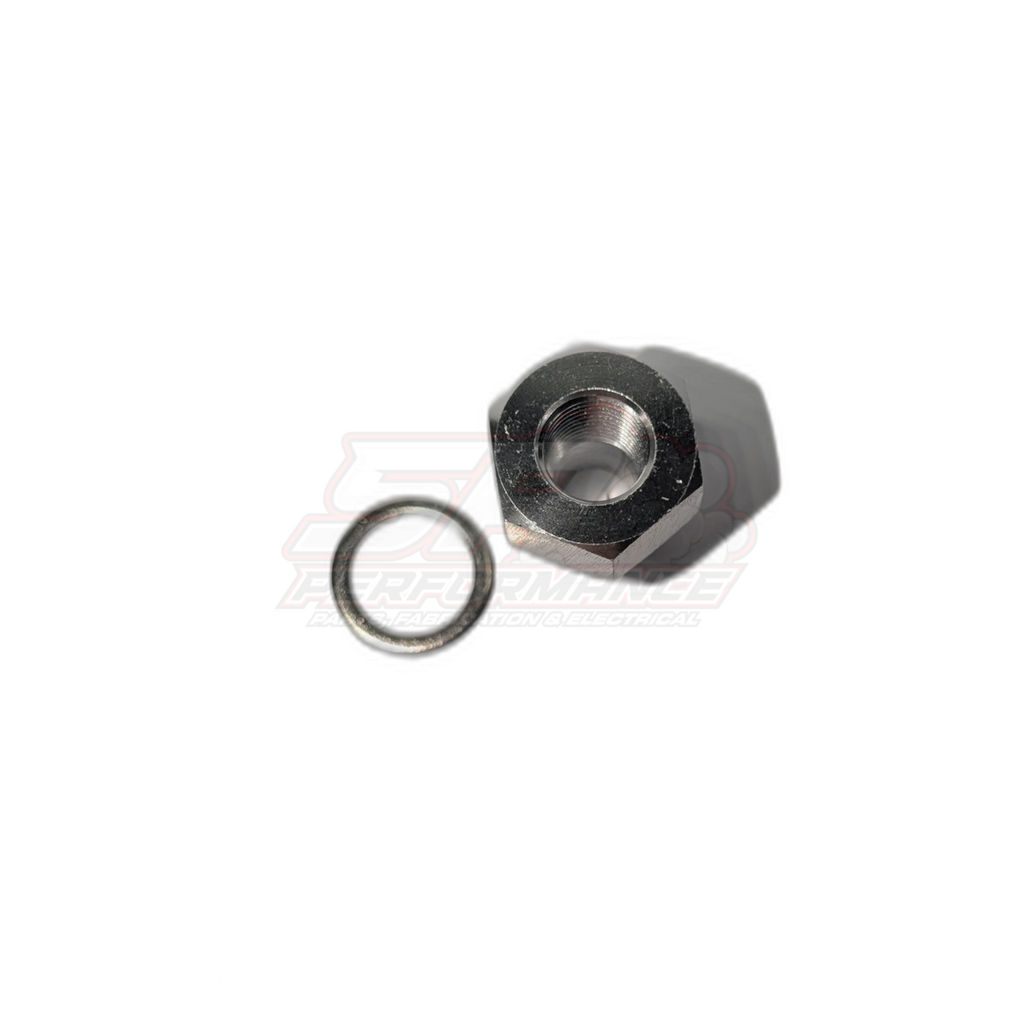 NPT 1/8 female to M12x1.5 metric male adapter fitting angled view showing internal threads and included bonded seal washer