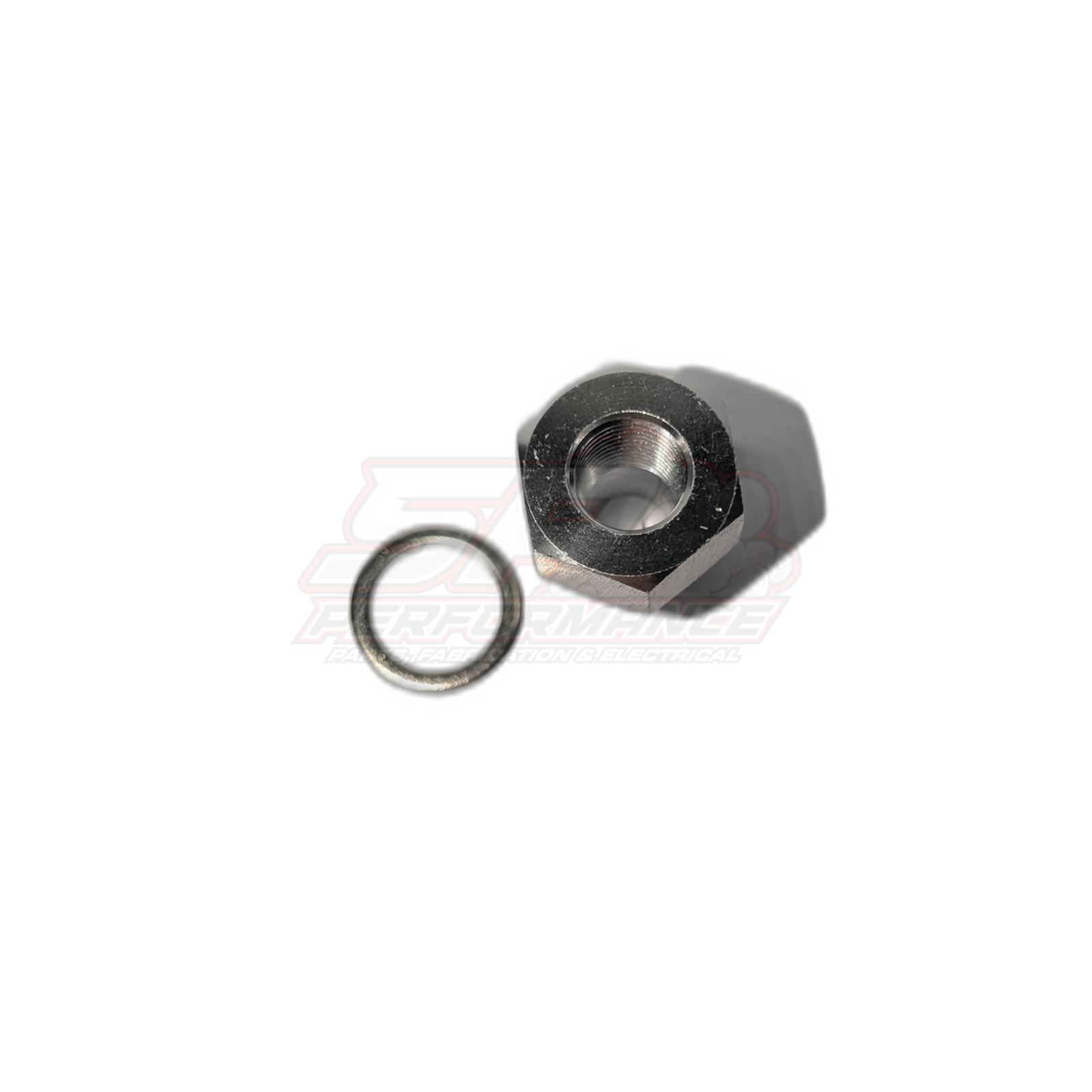 NPT 1/8 female to M12x1.5 metric male adapter fitting angled view showing internal threads and included bonded seal washer
