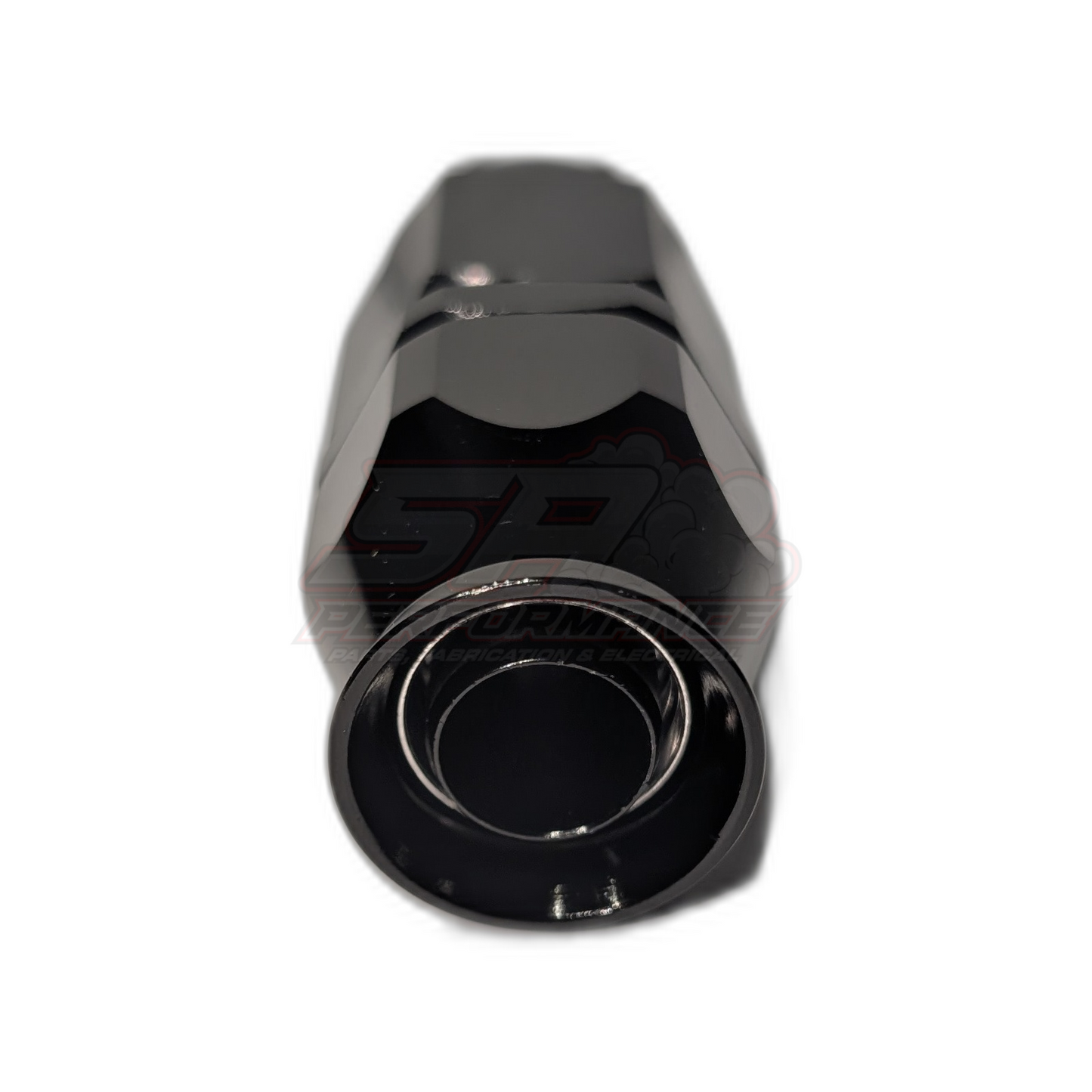 Black anodised aluminium AN8 PTFE hose end fitting front view showing outlet bore and engraved SP logo