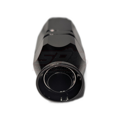 Black anodised aluminium AN8 PTFE hose end fitting front view showing outlet bore and engraved SP logo