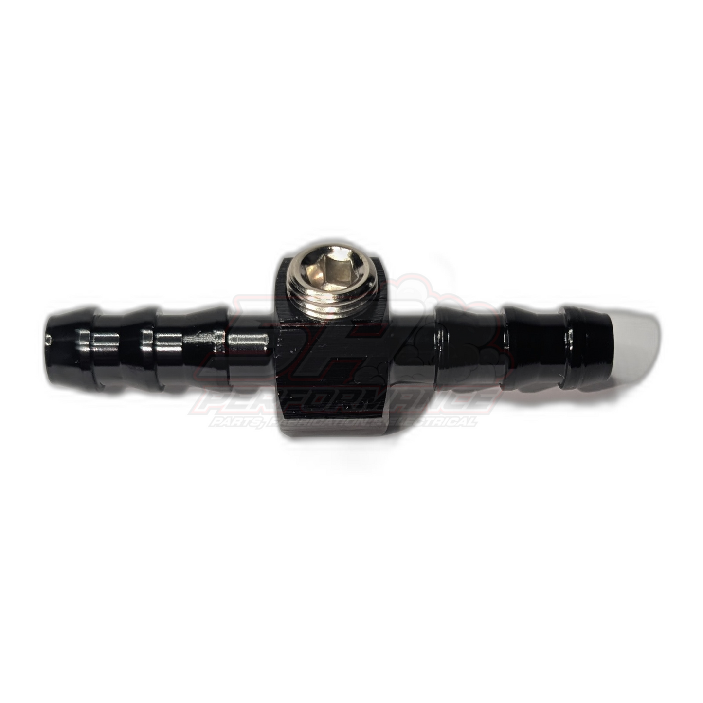 Side view of black anodised inline 5/16 inch barb adapter with centre-mounted 1/8 NPT port and hex plug installed showing barbed ends and hex body