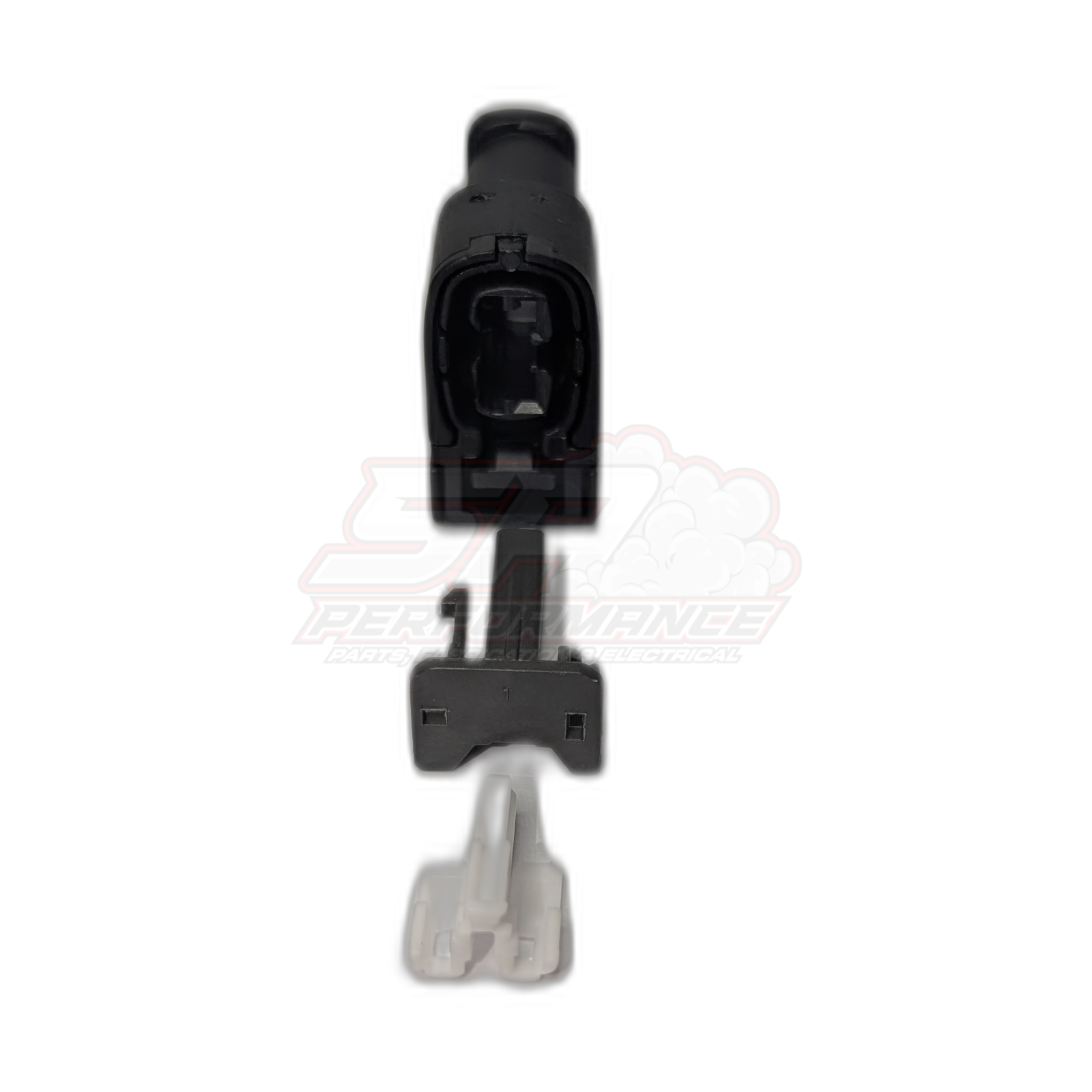 Exploded view of Toyota Denso 2 pin ignition coil connector showing black housing with internal terminals and grey wire seal