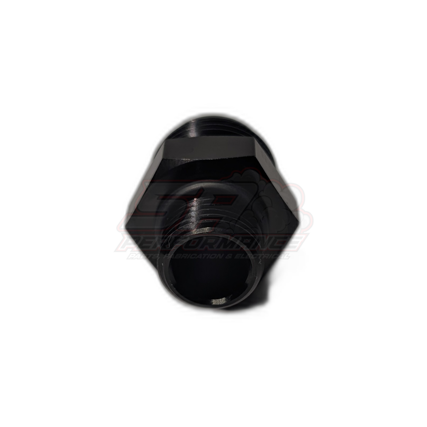Black anodised aluminium M18 x 1.5 metric male to AN10 male flare adapter viewed from threaded end showing hexagonal body and internal bore