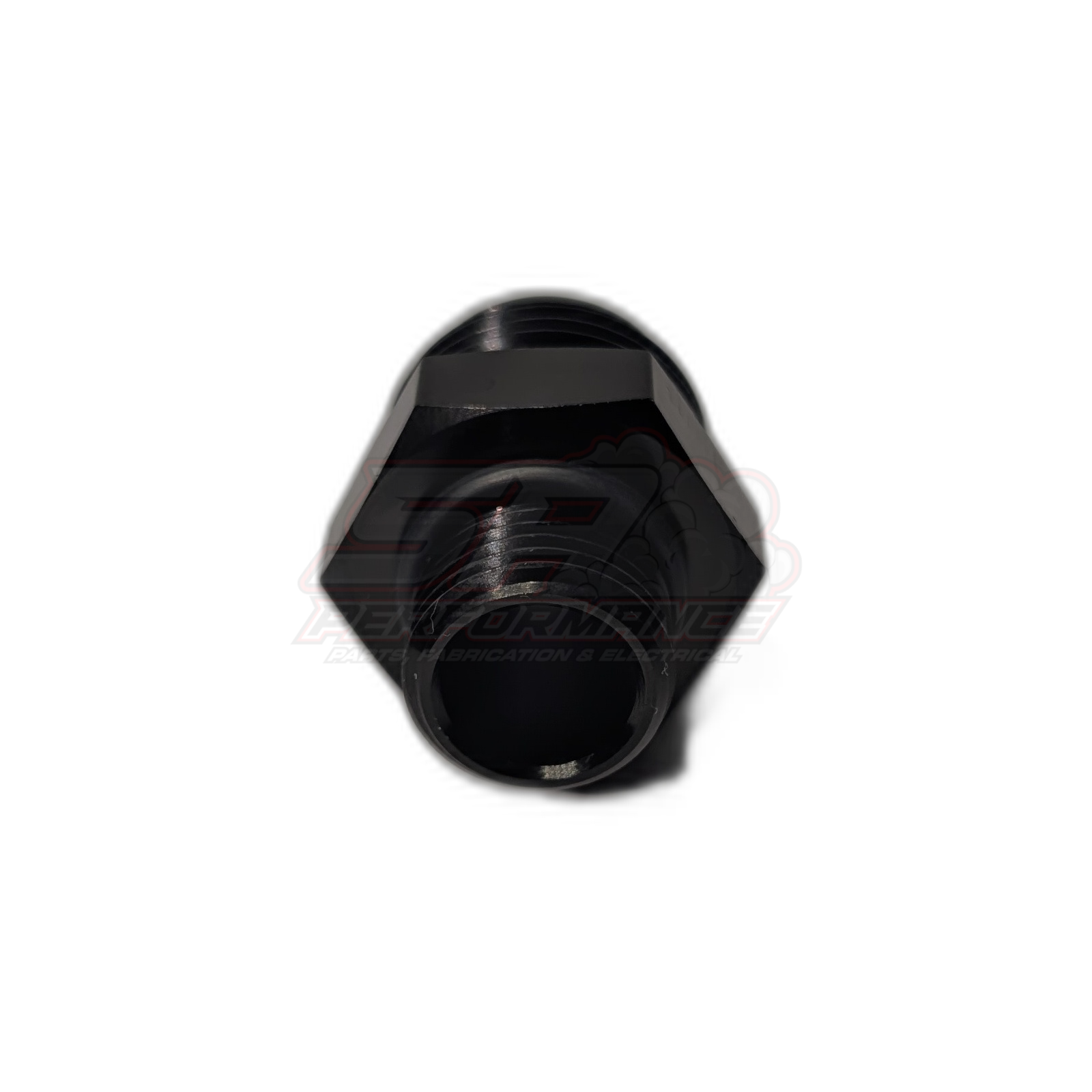 Black anodised aluminium M18 x 1.5 metric male to AN10 male flare adapter viewed from threaded end showing hexagonal body and internal bore