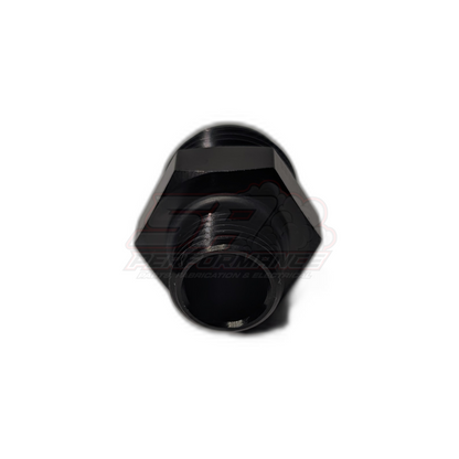 Black anodised aluminium M18 x 1.5 metric male to AN10 male flare adapter viewed from threaded end showing hexagonal body and internal bore