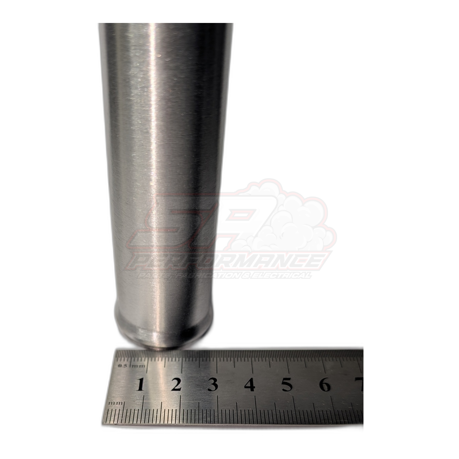 Polished aluminium 28mm straight hose joiner shown with metal ruler for size reference, displaying beaded ends and brushed finish