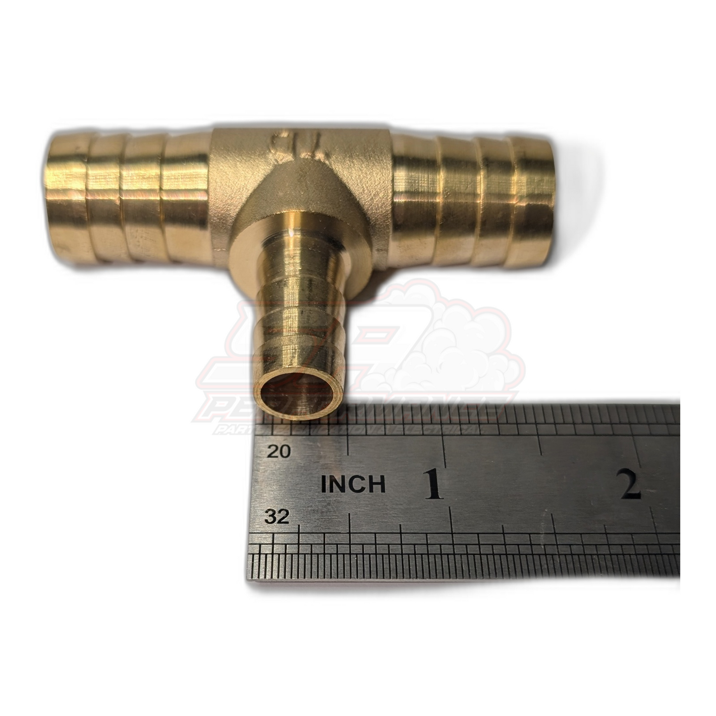 Brass barbed tee fitting with 3/4 inch run barbs and 1/2 inch branch barb shown next to ruler for scale