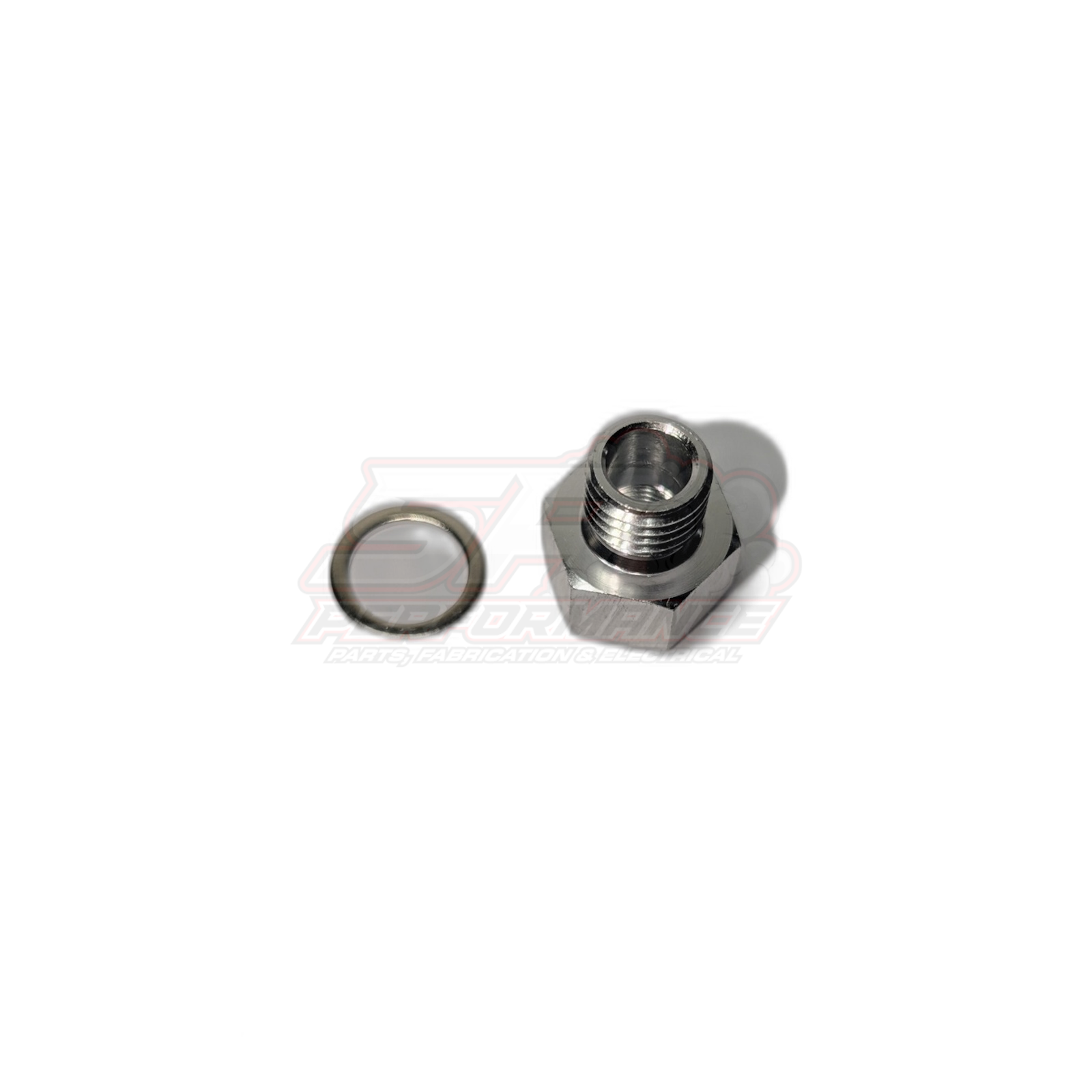 NPT 1/8 female to M12x1.5 male adapter fitting shown from angled top view with stainless steel hex body and included crush washer seal