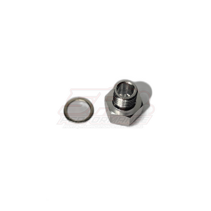 NPT 1/8 female to M12x1.5 male adapter fitting shown from angled top view with stainless steel hex body and included crush washer seal