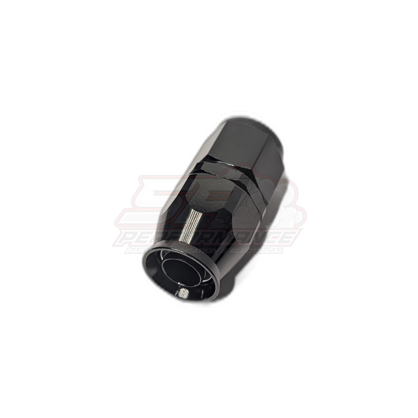 Black anodised aluminium AN8 straight PTFE hose end fitting angled view showing hexagonal body and internal olive insert