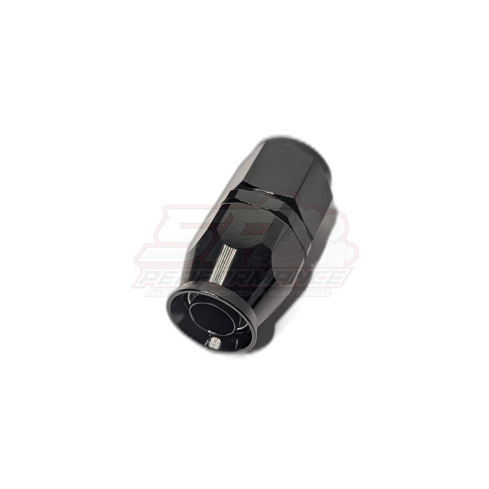 Black anodised aluminium AN8 straight PTFE hose end fitting angled view showing hexagonal body and internal olive insert