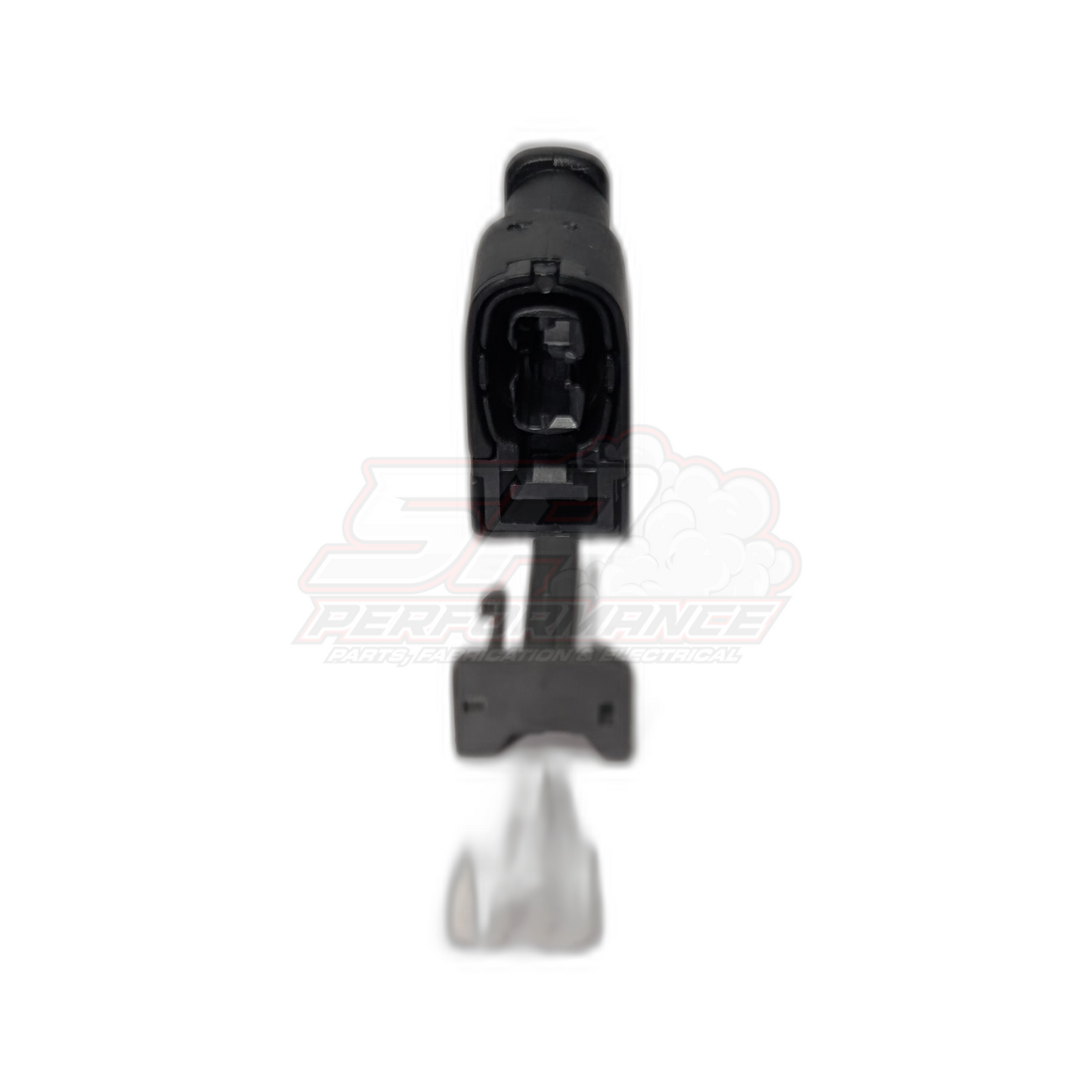 Front view of Toyota 2 pin Denso ignition coil connector housing showing black moulded body, internal terminal cavities and grey wire seal at base