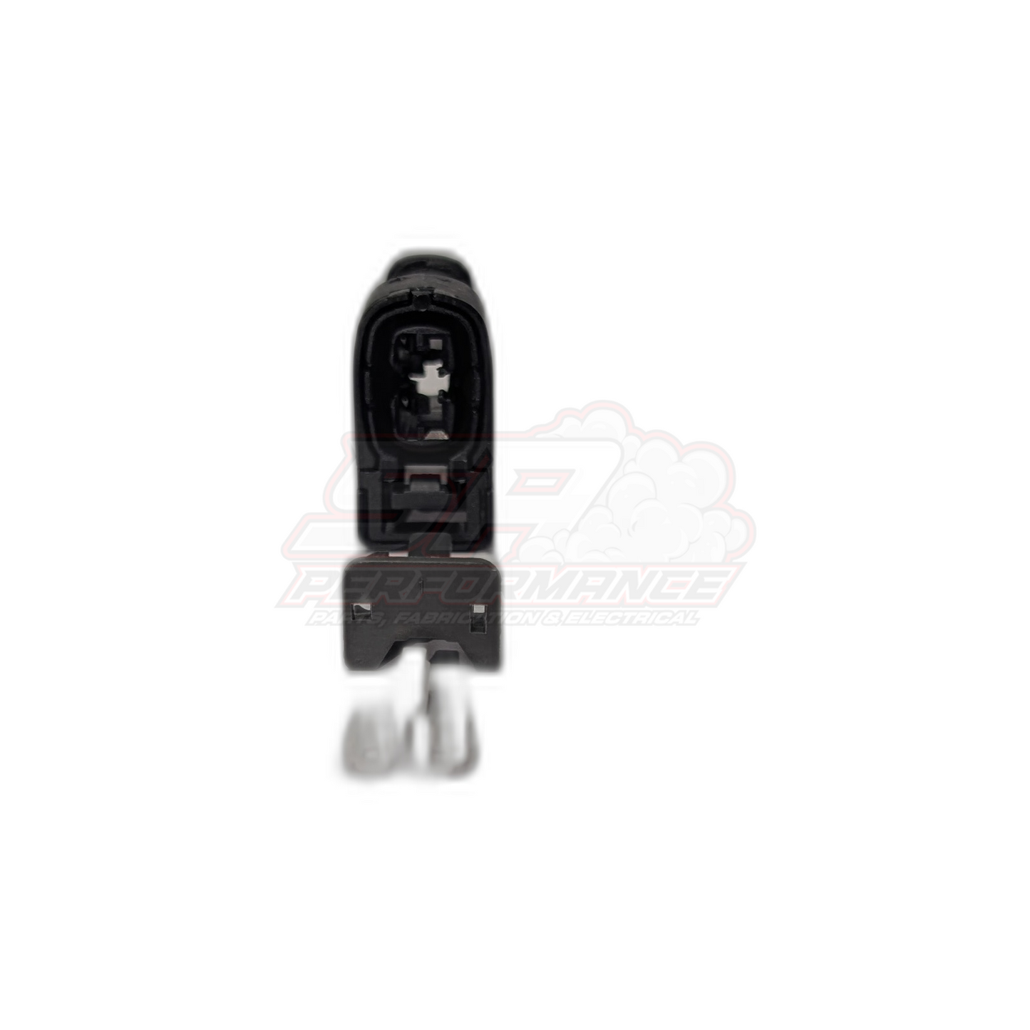Front view of black Toyota 2-pin Denso ignition coil connector housing open showing internal terminal slots and locking tab, with loose metal terminals below