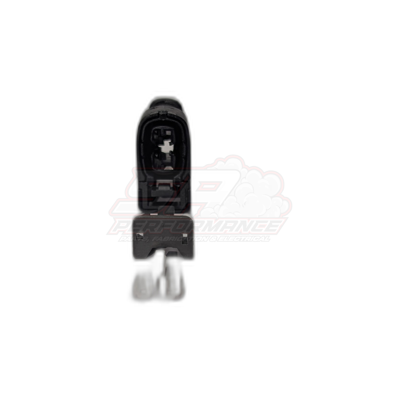Front view of black Toyota 2-pin Denso ignition coil connector housing open showing internal terminal slots and locking tab, with loose metal terminals below