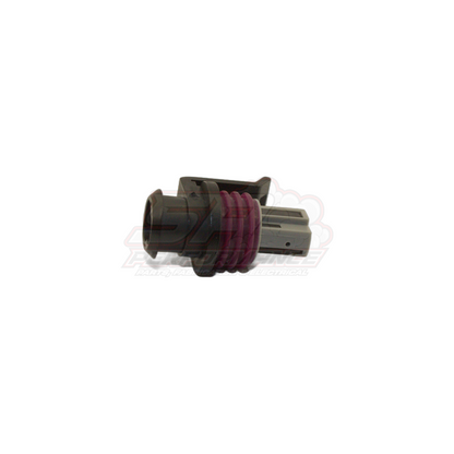 Side view of grey 3-pin Delco GM Holden connector with male terminals and purple seal boot for TPS oil pressure TI sensors