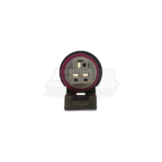 Front view of 3-pin Delco GM Holden connector housing with purple seal and grey terminal insert on black mounting tab for TPS and oil pressure sensors