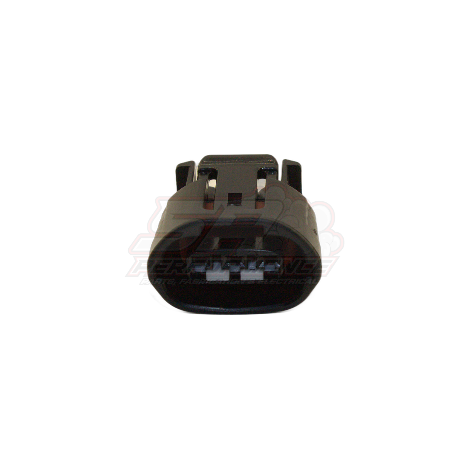 Grey Denso 3-pin alternator connector front view showing oval housing with three terminal slots and mounting tabs