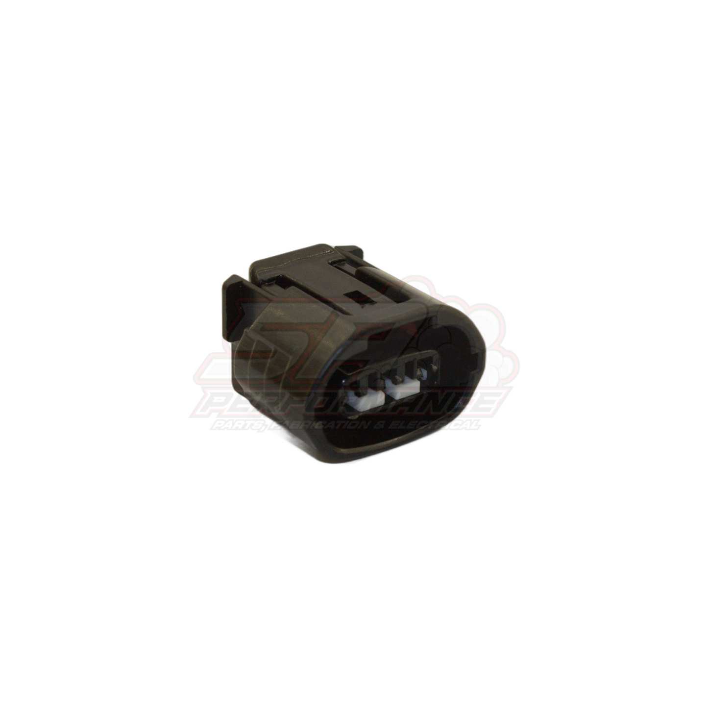 Denso 3-pin alternator connector angled view showing black moulded housing with visible terminal contacts and locking tab